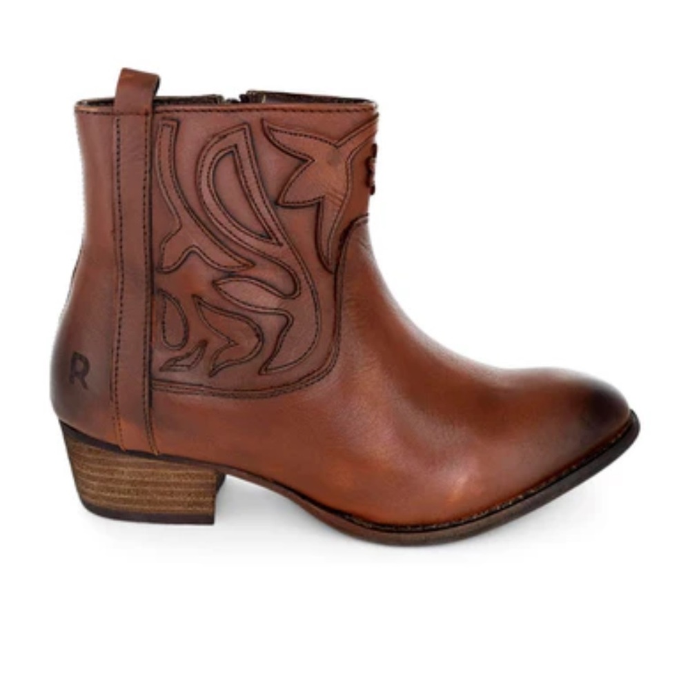 ROAN Elsia Short Side Zipper Western Leather Bootie Brown Sz 7 floral imprint.
